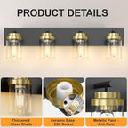 IZORRO Bathroom Vanity Light Fixture, 4-Light 27.5 Inch Black and Gold Bathroom Light Fixtures Over Mirror, with Clear Glass Shade, Modern Farmhouse Vanity Lights, Rustic Restroom Lighting Fixtures