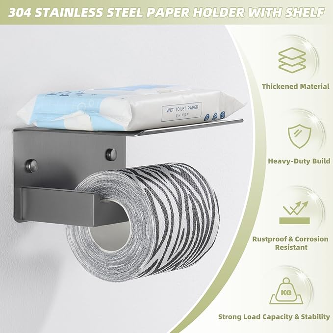 APLusee Toilet Paper Holder with Phone Shelf Gunmetal Gray, 304 Stainless Steel Rustproof Wall Mounted Heavy-Duty, Space-Saving for Modern Bathrooms