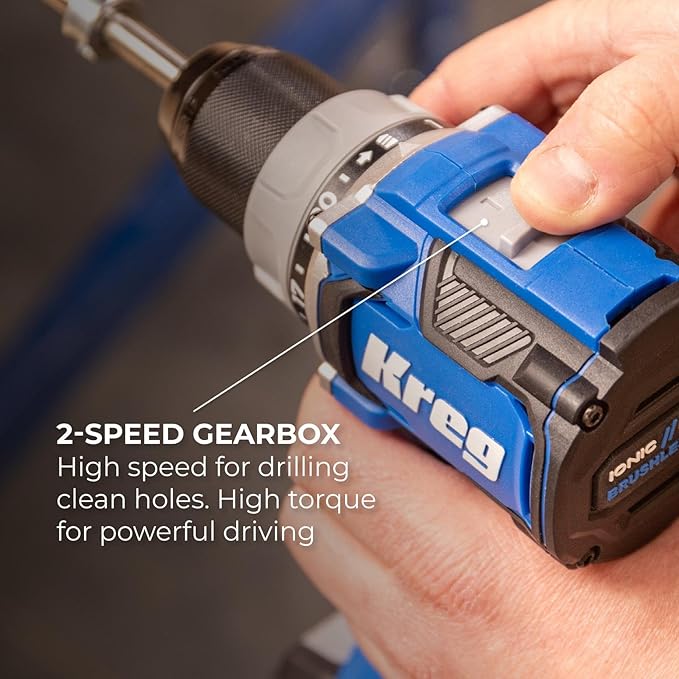 Kreg Ionic Drive Drill & Driver Combo Bundle - With Charger & Battery (2) - High Torque Professional Workshop Tool - LED Light - Two Speed & Variable Speed Trigger - Heavy Duty Tool - KPTBDRDV2550A
