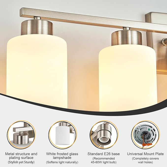 Brushed Nickel Bathroom Light Fixtures, 5-Light Modern Vanity Light Over Mirror, Wall Sconces with Milky White Frosted Glass Shades, E26 Socket (Bulbs Not Included)