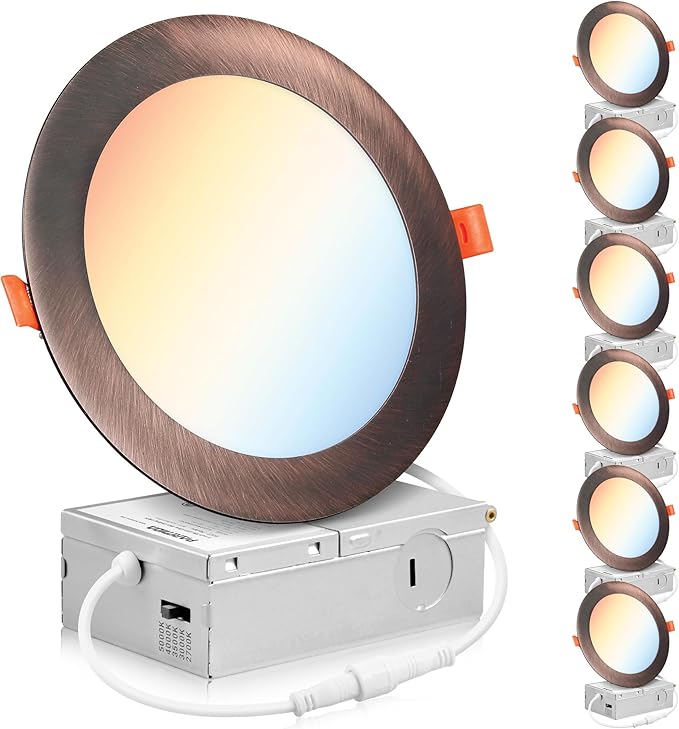 PARMIDA (6 Pack) 6 Inch 5CCT Ultra-Thin LED Recessed Lighting with J-Box, 2700K/3000K/3500K/4000K/5000K 5 Color Selectable, 12W, Dimmable, Canless Slim Panel Lights, ETL, Oil Rubbed Bronze Finish