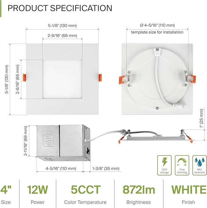 ASD 6 Pack LED Recessed Square Ceiling Light 4 Inch with Round Back, 5 CCT 2700K-5000K, Ultra-Thin Dimmable Wafer Lights with Junction Box, 12W 869LM, Canless Recessed Lighting, Slim LED Downlight, UL