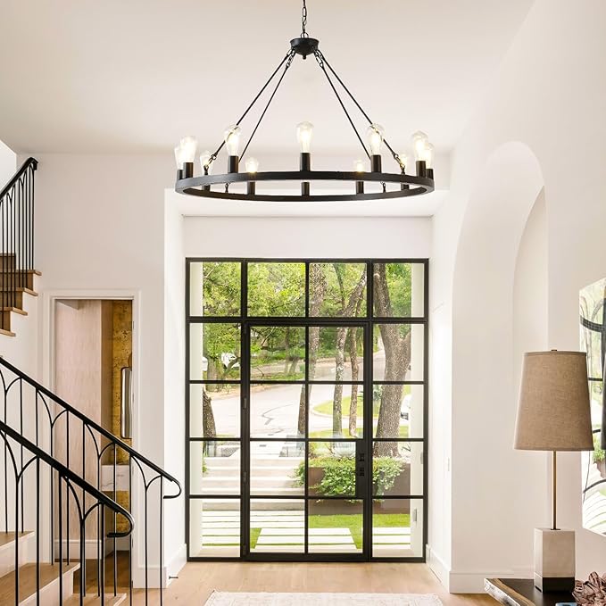 40” Farmhouse Wagon Wheel Chandelier,Black Rustic Chandelier 12-Lights Round Dining Room Light with Adjustable Height,Industrial Ceiling Light Fixtures for Kitchen,Foyer,Porch,Living Room