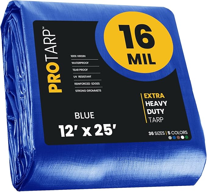 PROTARP Extra Heavy Duty 16 Mil Tarp Cover, Waterproof, UV Resistant, Rip and Tear Proof, Poly Tarpaulin with Reinforced Edges for Roof, Camping, Patio, Pool, Boat. (Blue 12′ X 25′)