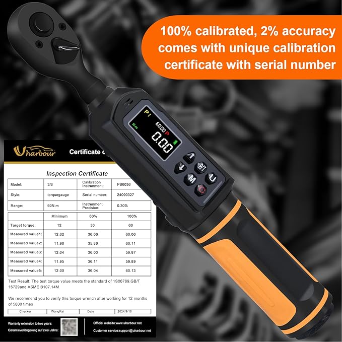 Digital Torque Wrench 3/8 Drive, 0.66-44.29Ft.lbs/0.9-60Nm Range, Electric Torque Wrench with Dual Direction Ratchet, ±1% Accuracy with Vibration, Buzzer and LED Alert