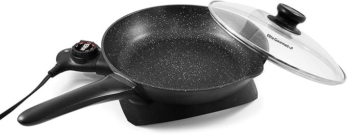 Elite Gourmet EG6207 Scratch Resistant 10.5-inch (2Qt) Fry Pan, Easy-Pour Spout Dishwasher Safe, Non-stick Electric Skillet with Glass Vented Lid, Adjustable Temperature, Black