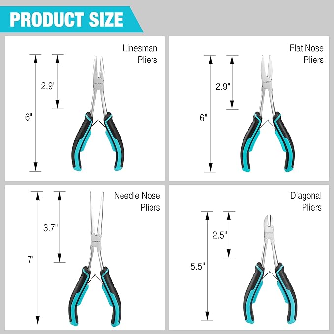 DURATECH 4PCS Long Reach Pliers Set with Pouch - Needle Nose, Diagonal, Linesman and Flat Nose, Mini Extra Long Pliers Set for Jewelry Making, Wire Bending and Object Gripping on Narrow Space