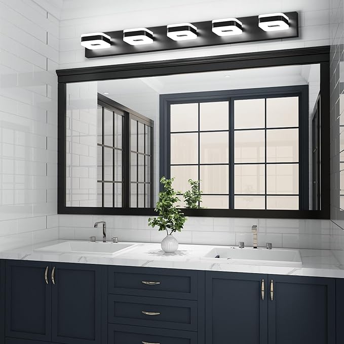 Tipace 5 Lights Black Bathroom Light Fixtures Modern LED Bathroom Vanity Lights Over Mirror 40.5 inch White Light 360°Rotatable