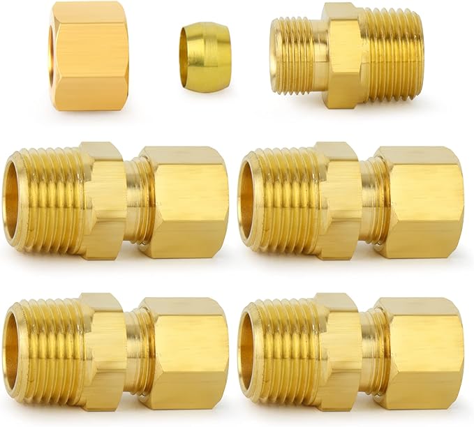 ChillWaves Brass Compression Tube Fitting, 1/2" OD x 1/2" NPT Male Compression Union Connector(5-PACK)