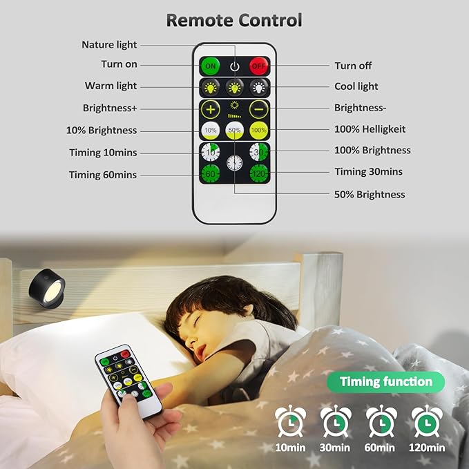 Lightbiz LED Wall Lights with Remote, Wall Mounted Sconces 3000mAh Rechargeable Battery Operated 3 Color Temperatures & Dimmable Magnetic Ball 360°Rotation Cordless Wall Light for Bedroom Bedside