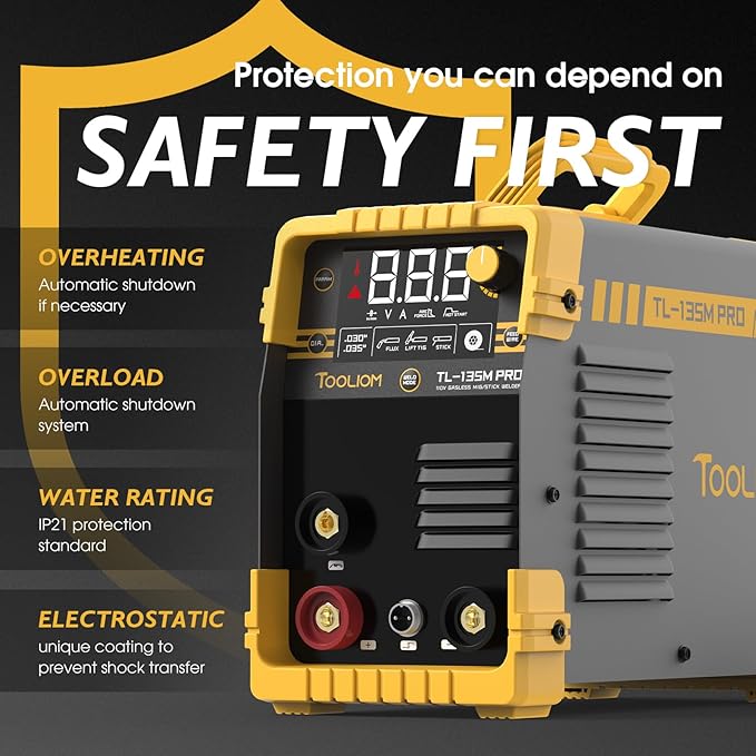 TOOLIOM 135A Gasless Flux Core MIG Welder 110V MIG Welder Flux MIG/Lift TIG/Stick 3 in 1 Welding Machine IGBT DC Inverter with LCD Display