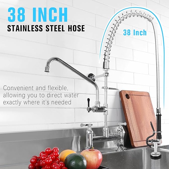 Spray Valve with 38" Flexible Stainless Steel Hose & Pre-Rinse Overhead Spring, Commercial Faucet Flexible Hose with Spray Head Replacement Kit for Commercial Restaurant Industrial Kitchen Sink Faucet