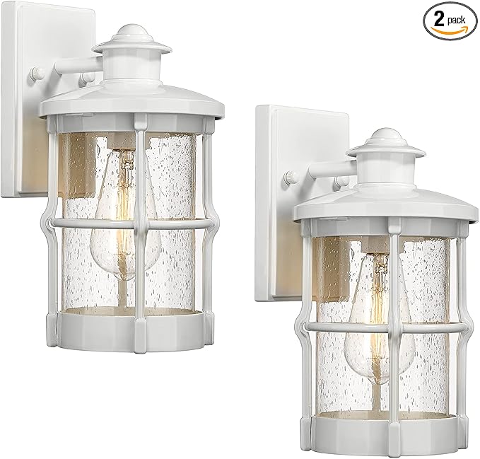 Modern Outdoor Wall Light Fixture with Seeded Glass - White Finish, 2 Pack for Front Porch, Entryway, Garage, Backyard
