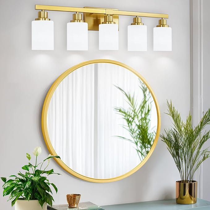 Gold Bathroom Light Fixtures, 5-Light Modern Brushed Gold Vanity Lighting Fixtures for Bathroom Over Mirror, 30" Gold Sconces Wall Lighting for Bedroom Hallway Living Room