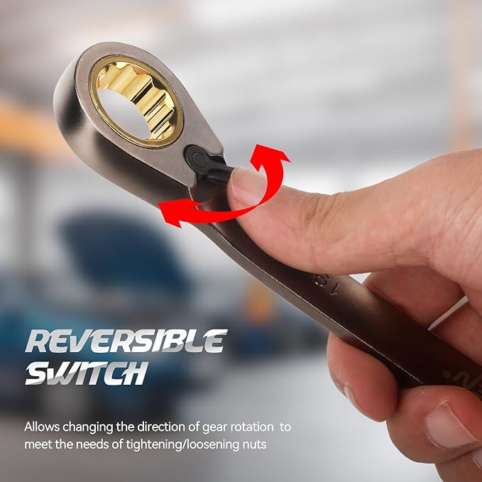 DISEN 12-Piece Reversible Ratcheting Wrench Set, Combination Wrench Set Metric 8-19MM, 72-Tooth, CR-V Steel, Nickel Plating, Crank Design with Organizer Rack