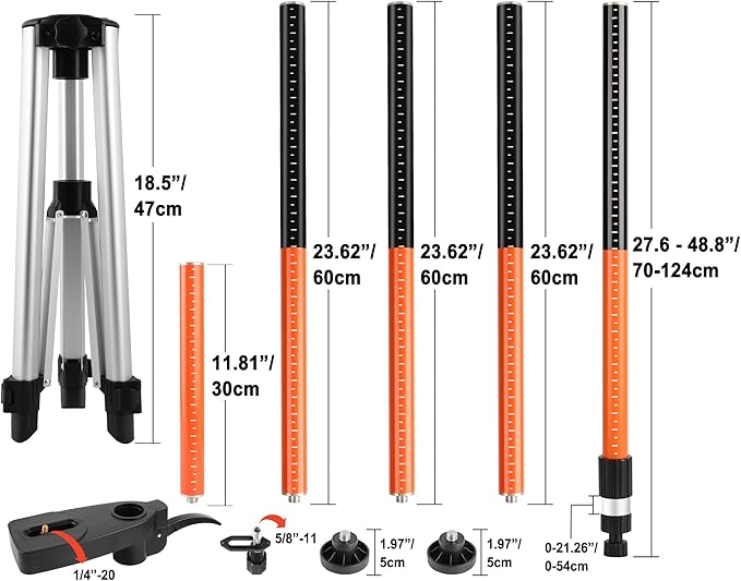 KEZERS Laser Level Pole with Tripod,12Ft./3.7M Telescoping Pole for Laser Levels,1/4”-20 Laser Mount for Rotary and Line Laser Level,Adjustable Pole and Tripod with 5/8”-11 Threaded Adapter-FLP370B