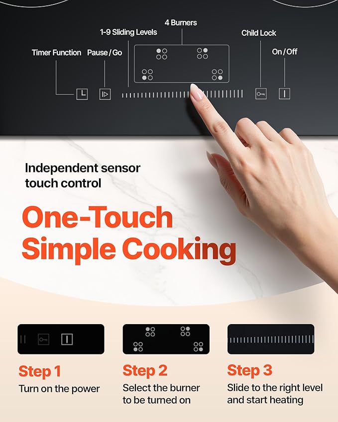 VEVOR LT4-77 Built in Electric Ceramic 23.2 x 20.5 inch Stove Top, 240V Glass Radiant Cooktop with Touch Control, Timer & Child Lock, 9 Power Levels for Simmer Steam Slow Cook Fry, 24IN 4-Burners