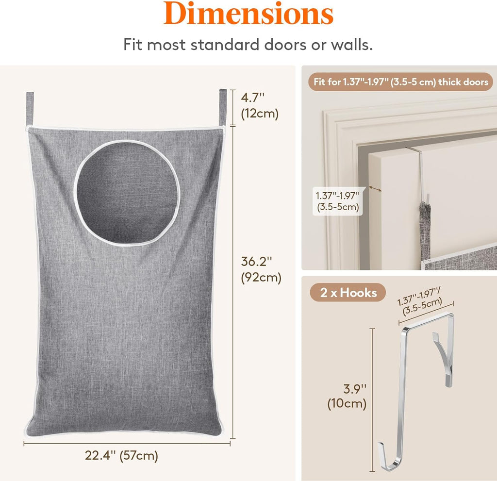 Lifewit 2 Pack Over Door Laundry Hamper, Large Collapsible Hanging Laundry Hamper, Hanging Laundry Basket Bag for Bathroom Bedroom Dirty Clothes Storage Organizer, Light Gray