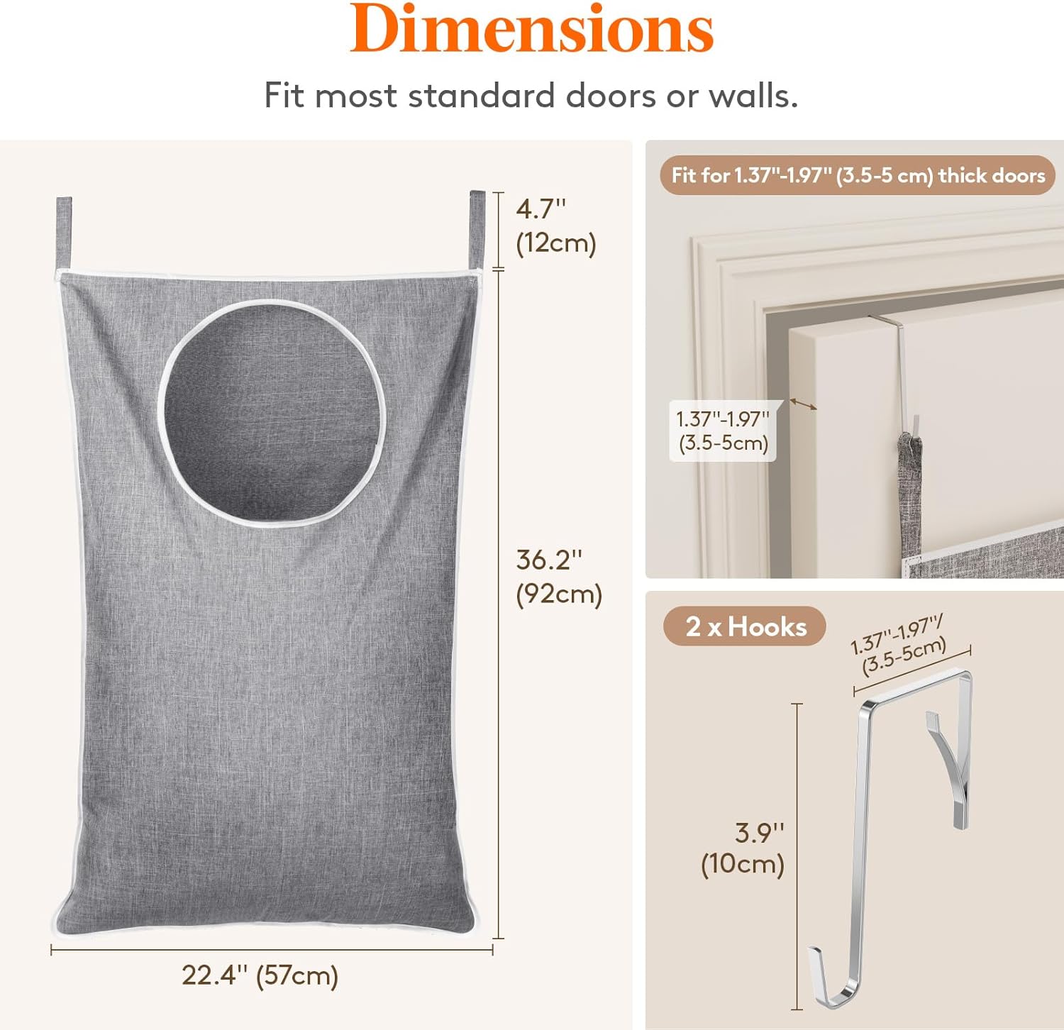 Lifewit 2 Pack Over Door Laundry Hamper, Large Collapsible Hanging Laundry Hamper, Hanging Laundry Basket Bag for Bathroom Bedroom Dirty Clothes Storage Organizer, Light Gray