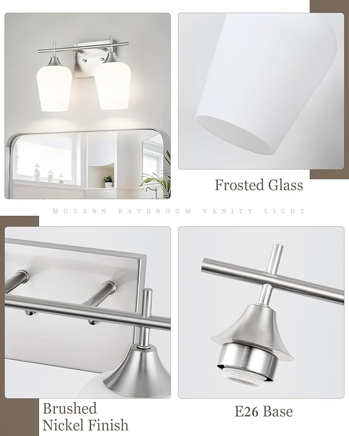 2 Lights Bathroom Light Fixture, 15 Inch Brushed Nickel Bathroom Vanity Lights Over Mirror, Modern Bath Wall Sconce Light with Frosted Glass, OS-YQ9167-2BNW