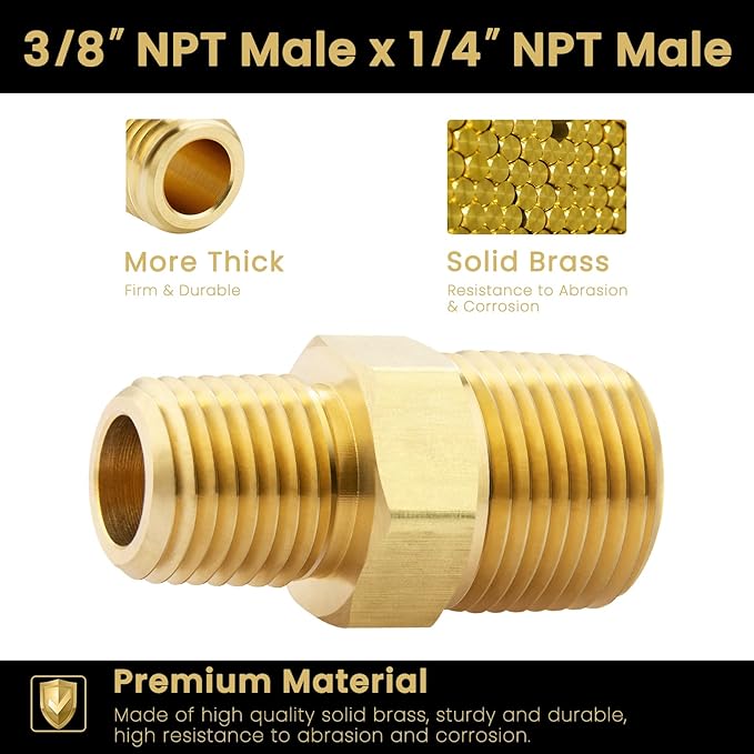 KOOTANS 3/8 NPT x 1/4 NPT Male Solid Brass Hex Nipples, Heavy Brass Pipe Adapter Fittings Reducing Nipples Connectors 4Pieces