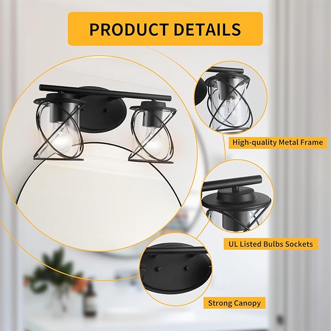 mavcadonf Modern Vanity Lights - 2-Light Fixture with Cage Shade, Matte Black, Over Mirror for Bathroom & Kitchen