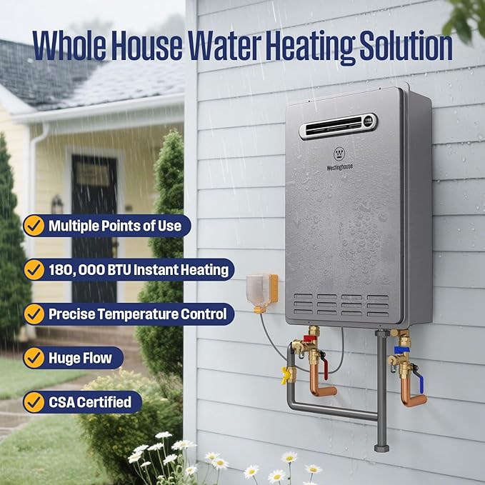 Westinghouse Natural Gas Tankless Water Heater Outdoor Installation Max 8.1 GPM 180,000 BTU, Temp Self Modulating Non Condensing High Efficiency Water Heater for House or Commercial, APOLO Performance