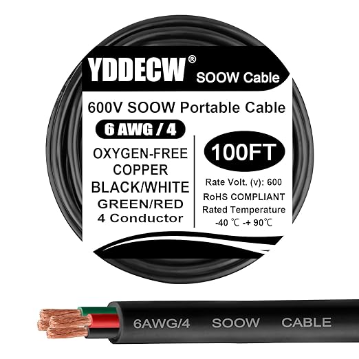 100ft 6/4 6 AWG Portable Power Cable (4 Conductor) - SOOW 600V 6 Gauge Electric Wire for Motor Leads, Portable Lights, Battery Chargers and Machinery - 4 Conductor - 100 Feet Electrical Cord