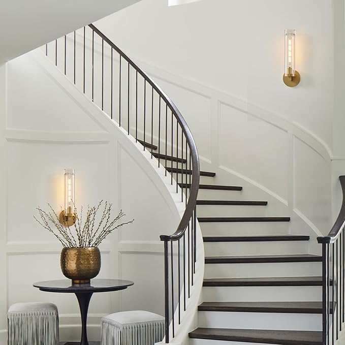 Modern Crystal Brass Gold Sconce: 14.5” Vintage Bathroom Sconce With Bulb - Clear Crystal Glass Tube Hardwired Mirror Vanity Light- Luxury Antique Indoor Brushed Gold Wall Lamp for Bedroom Living Room