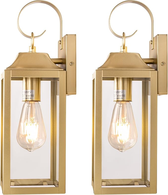 2 Pack Outdoor Light Fixtures Wall Mount, 15 Inch Gold Exterior Wall Sconces Waterproof, Large Outside Lights for House, Modern Wall Lanterns Clear Glass