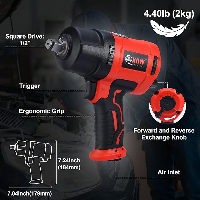 XIIW 1/2 Inch Air Impact Wrench, Max Torque 1560 ft-lbs, lightweight 4.4 lb Design, Heavy Duty 8000RPM 1/2 Air Impact Gun Driver, Twin Hammer Pneumatic Tool for Automobile Repair