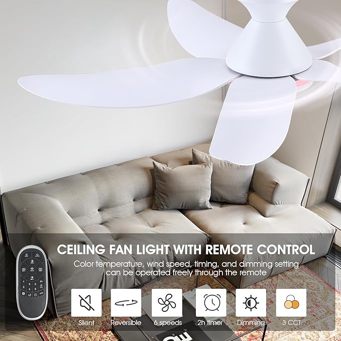 46" Ceiling Fans with Lights Remote/APP Control, Low Profile Ceiling Fans with Dimmable White Colors+Ring RGB Lights, 6 Speeds 5 Reversible Curved Blades for Kids Room Bedroom Living Room Bar, White