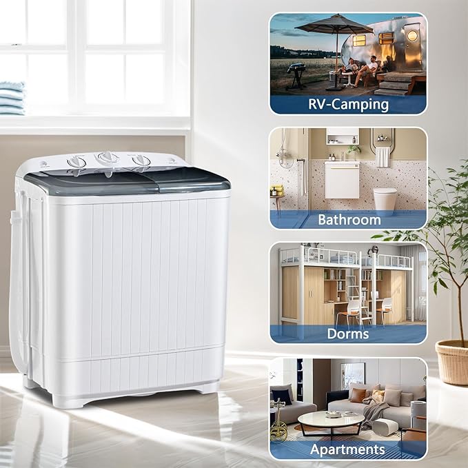 Portable Mini Twin Tub 32lbs Washing Machine With Drying Rack& 10 Hangers, 20lbs Washer & 12lbs Spinner, Small Laundry Washer with Time Control for Camping, Apartments, RV (32lbs)
