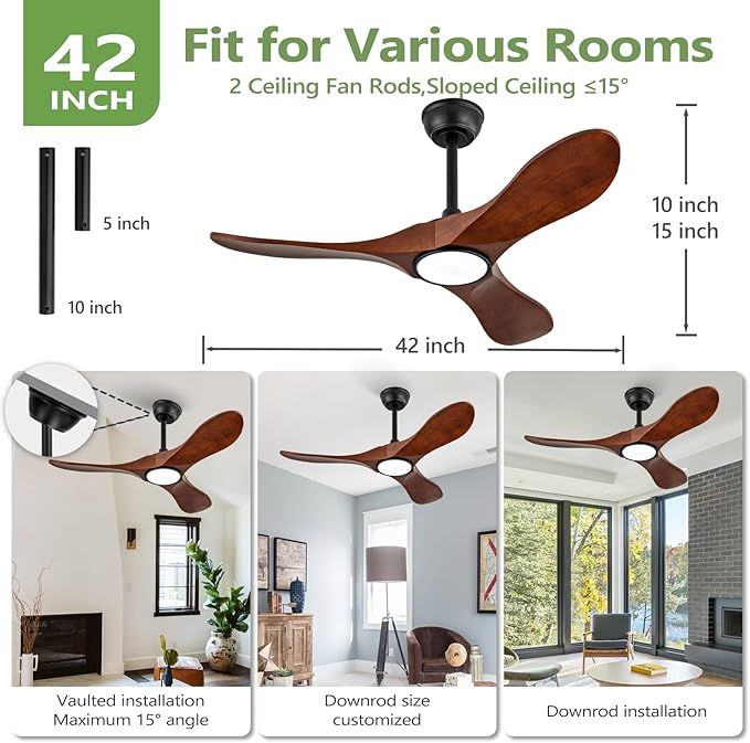 42-Inch Solid Wood Ceiling Fan with Lights, Remote Control, Dimmable, Reversible, Wood Blades, Power-Off Memory, Quiet DC Motor – Modern outdoor Ceiling Fan for Living Room, Bedroom, Patio