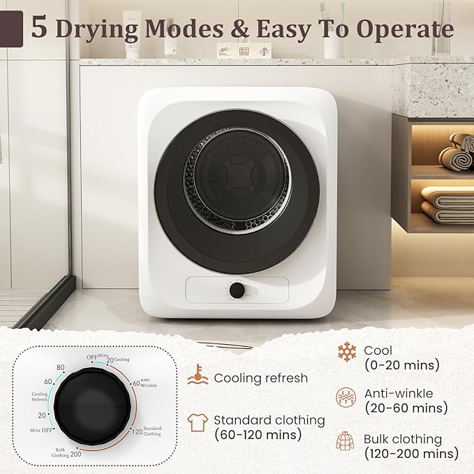 Auertech 1.5 Cu.Ft Portable Clothes Dryer, 850 W Front Load Electric Dryer Machine with Stainless Steel Drum, Simple Control Knob, Compact Tumble Dryer for Laundry Apartment, Dorm, RV, White