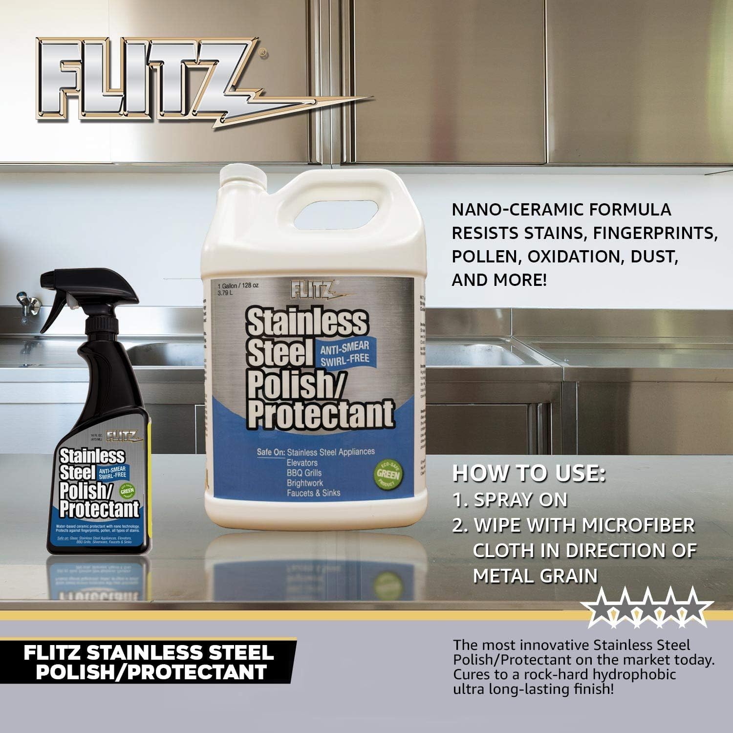Flitz Stainless Steel Polish Protectant - 16oz Bottle, USA-Made Ceramic Coating for Stainless Steel Appliances, Repels Fingerprints & Water Spots - Aluminum & Chrome Polish & Protectant (3 Pack)