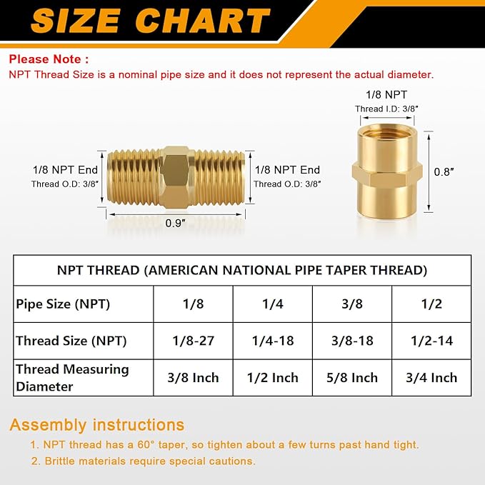 KOOTANS 12pcs Brass Pipe Fitting, NPT Hex Nipple, Coupling, 1/8" x 1/8" NPT Male Pipe, 1/8" x 1/8" NPT Female Pipe Fittings Set (6 Nipple & 6 Coupling)