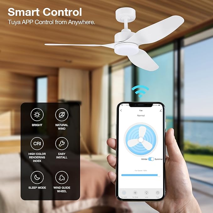 48 Inch Smart Ceiling Fans with Lights Remote Control,Dimmable LED Light,Outdoor Indoor Modern Ceiling Fan,Quiet DC Motor,WIFI Alexa App Workable,Matte White for Bedroom Living Room Patio