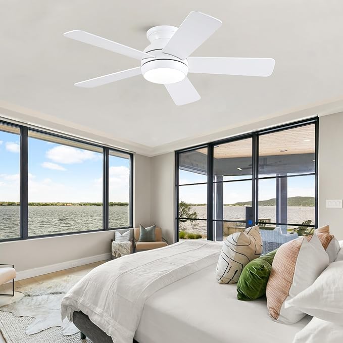 42 Inch White Ceiling Fans with Lights and Remote, LED Low Profile Flush Mount Ceiling Fan for Bedroom, Living Room, Patio, Quiet DC Motor, 5 Blades