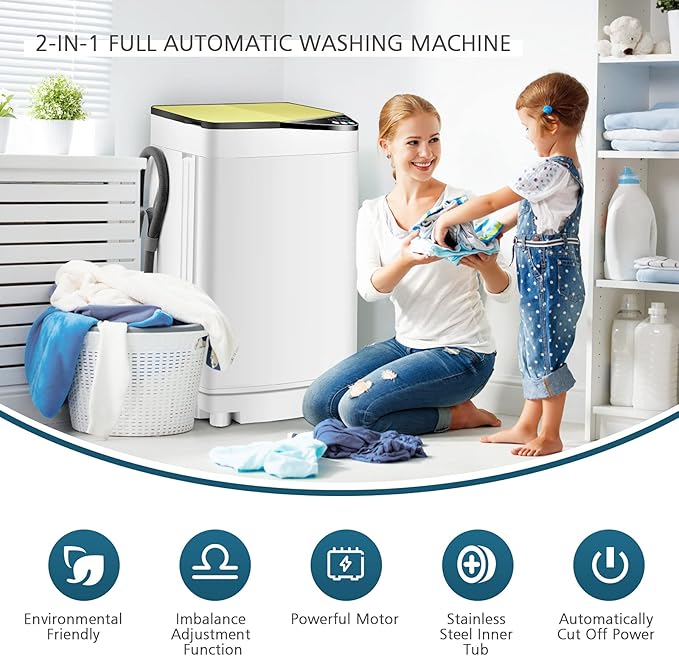 Portable Washing Machine, ARLIME Compact Mini Full-Automatic Laundry 2-In -1 Washer & Spin Dryer 7.7lbs Capacity W/Drainage Pump & Long Hose For Condo, Apartments, Dorms, RV’s Camping Living (Yellow)