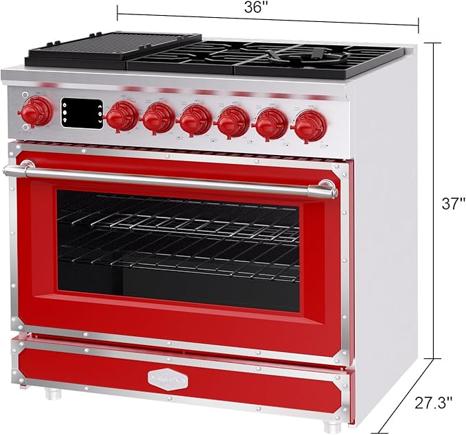 Akicon 36" Freestanding Gas Cooktop Oven Combo, Features 6 Sealed Burners, 5.2 Cu.ft Rapid Convection Oven, Convertible Fuel (NG/LP), Durable Cast Iron Grating (FRSFRSA1)