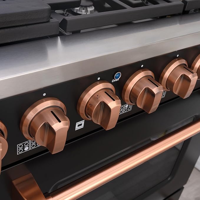 Akicon 48 Inch Freestanding Gas Range - 6.7 cu. ft. Double Rapid Convection Gas Oven - Gas Stove with 8 Sealed Burners & a Griddle, Heavy Duty Cast Iron Grates (Black & Copper)