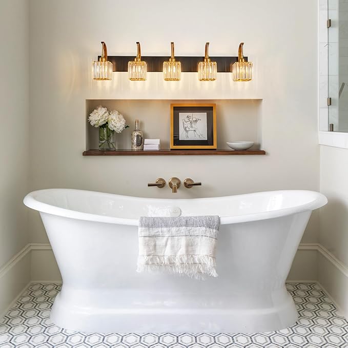 Crystal Vanity Lights 5-Light Black Gold Bathroom Vanity Lights Modern Crystal Bathroom Light Fixtures Over Mirror 42.51" Long Vanity Light for Bathroom