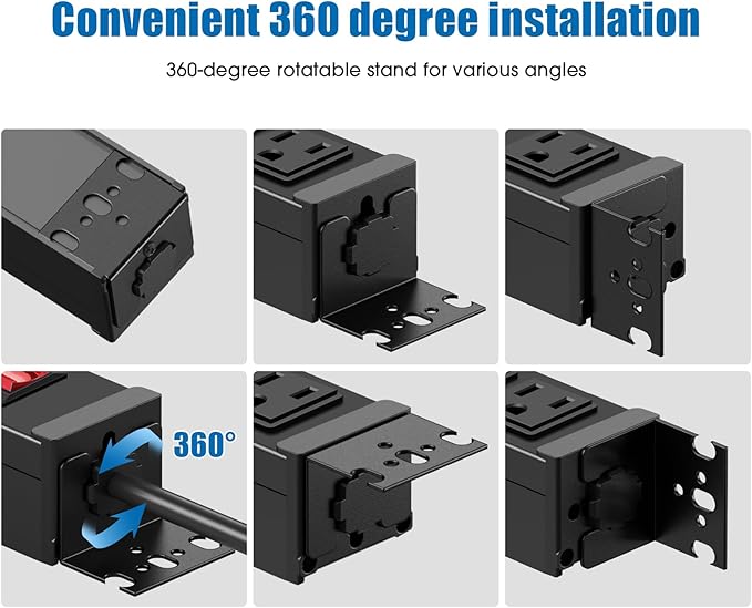 HHSOET Rotating Mountable Power Strip, 12 Outlet Wall Mount Surge Protector, Metal Heavy Duty and Versatile Outlet Strip, Stylish Appearance, Sturdy and Durable, 6ft Power Cord.(Black)