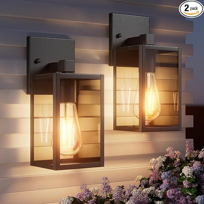 Outdoor Light Fixtures Wall Mount, Waterproof Front Porch Lights, Modern Exterior Lighting Fixtures with E26 Socket, Black Wall Sconces Lantern Lamp, Outside Lights for House, Garage, Patio (2 Pack