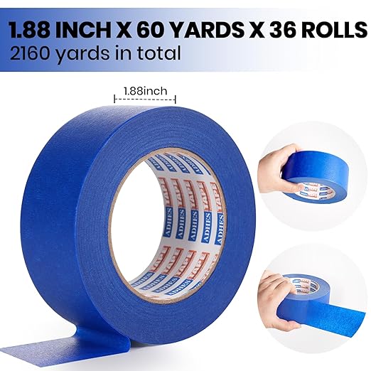 ADHES Upgrade Blue Painters Tape, Masking Tape for Painting 36 Rolls x 1.88 Inch x 60 Yards, Blue Paint Tape No Residue Outdoor Anti UV Multi Surface Use, Total 2160 Yards