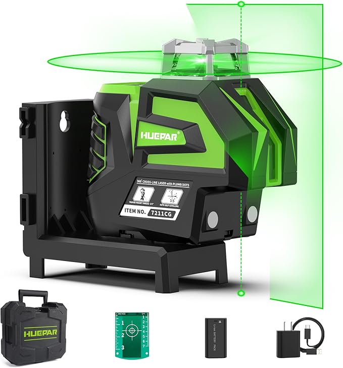 Huepar Self Leveling Green Laser Level Cross Line with 2 Plumb Dots Laser Tool -360 Horizontal Line Plus Large Fan Angle of Vertical Beam -Li-ion Battery with Type-C Charging Port&Magnetic Base 7211CG