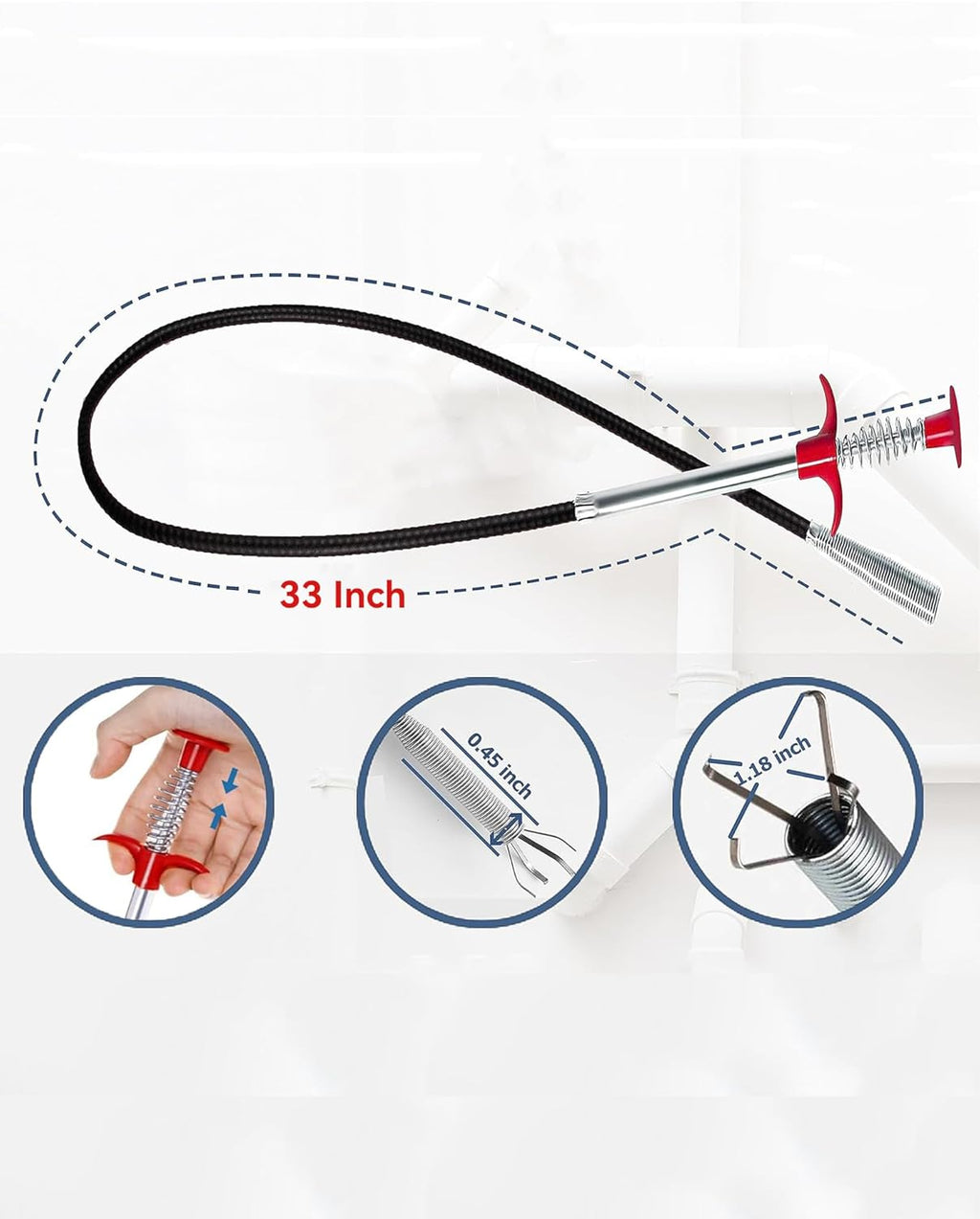 Drain Snake 33 Inch Flexible Claw Grabber Tool with 4 Claws Bendable Hose - Flexible Grabber Claw Pick Up Reacher Tool for Clogged Drains Opener Cleaning