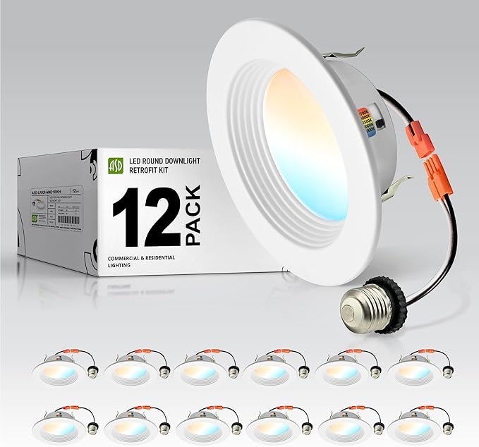 ASD 4 Inch Retrofit LED Recessed Lighting | Metal Trim White 10W 849LM 120V 2700K-5000K Adjustable Ceiling Downlights | Triac Dimmable Wet Rated Room Can Lights, ETL Energy Star, 12 Pack