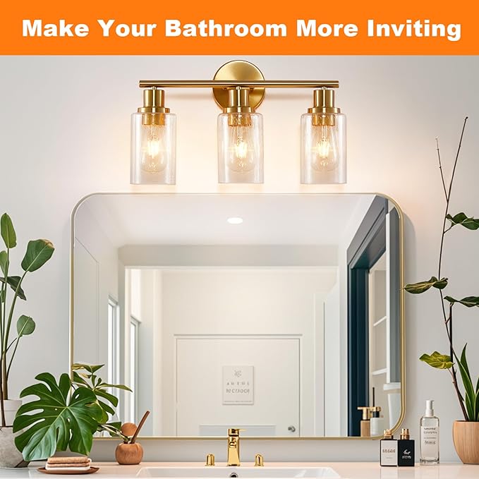 DLLT 3-Light Bathroom Light Fixtures: Gold Modern Vanity Wall Lights with E26 Bulbs - Bubbled Glass Shade Bathroom Wall Lamp for Mirror Kitchen Living Room Hallway Cabinet Porch